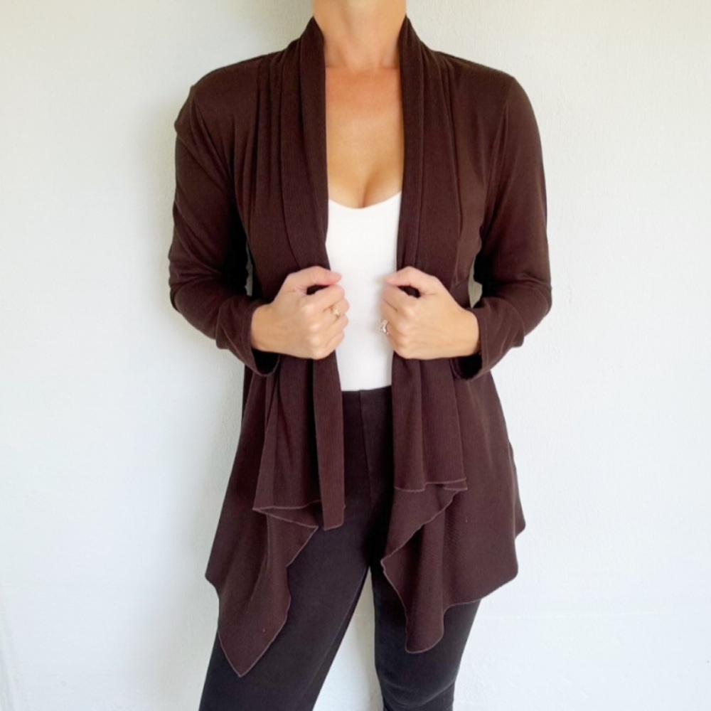 Coldwater Creek dark brown ribbed knit waterfall drape cardigan sweater large